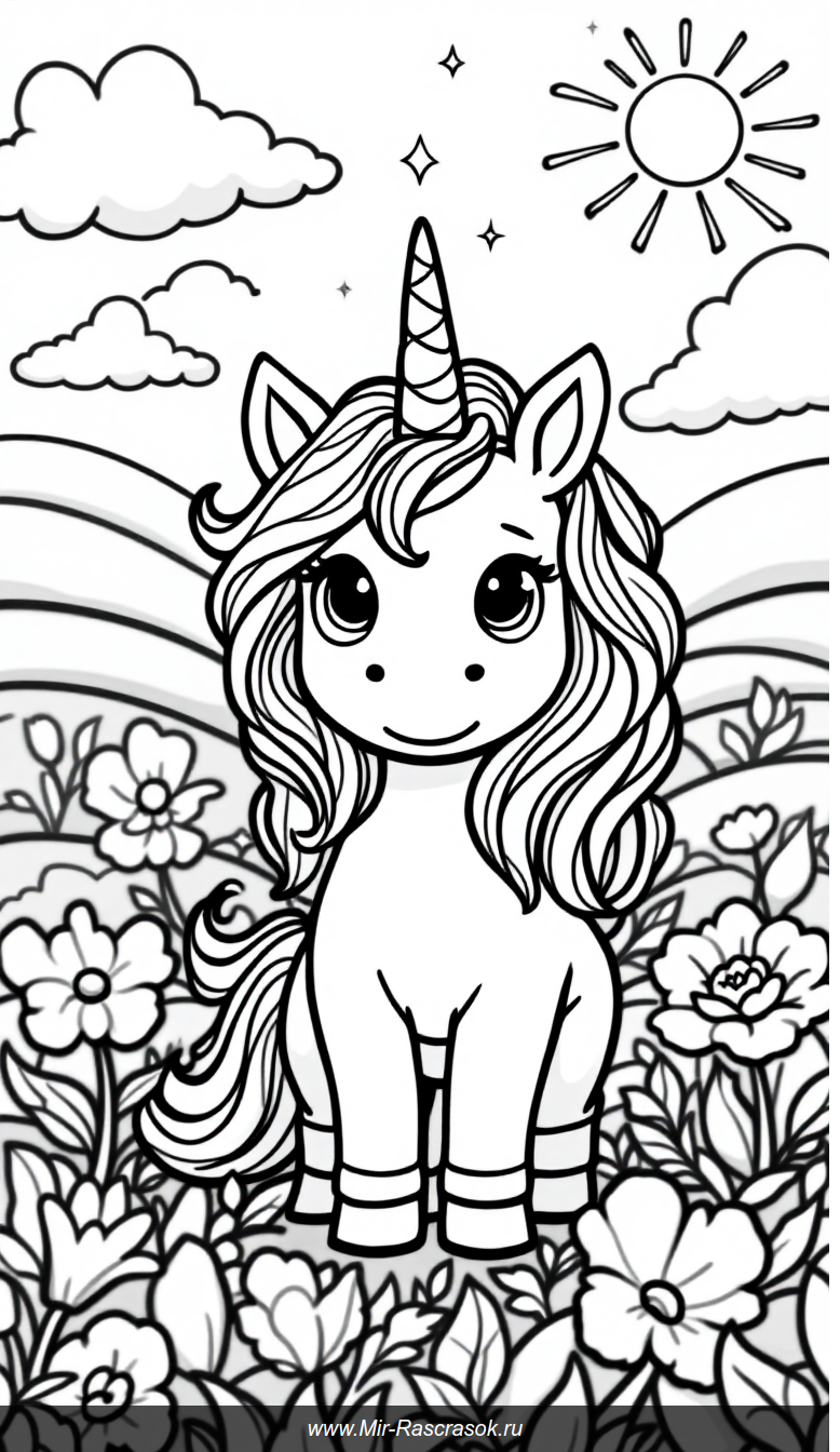 Волшебный единорог и большие цветы Простая раскраска для детей