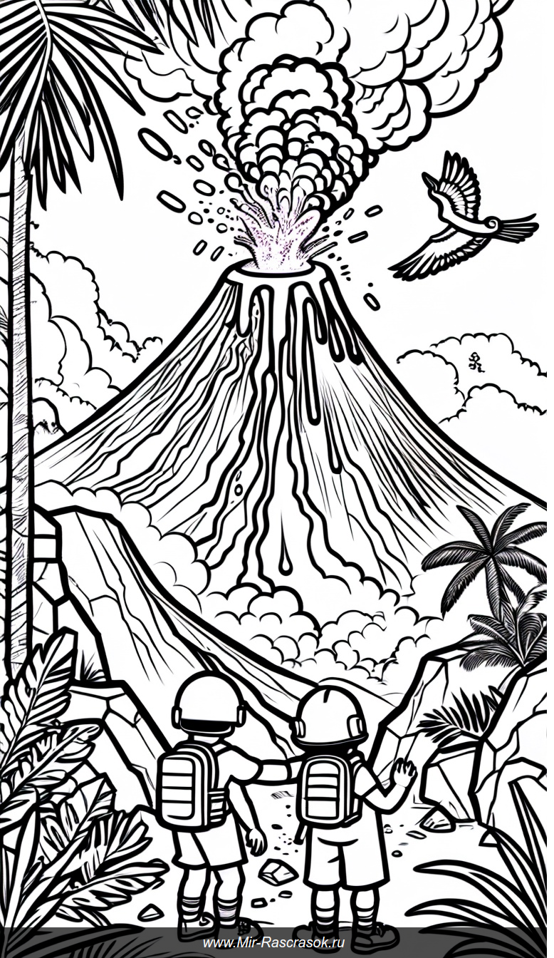 Раскраска с вулканом извержением исследующими дети и тропической природой