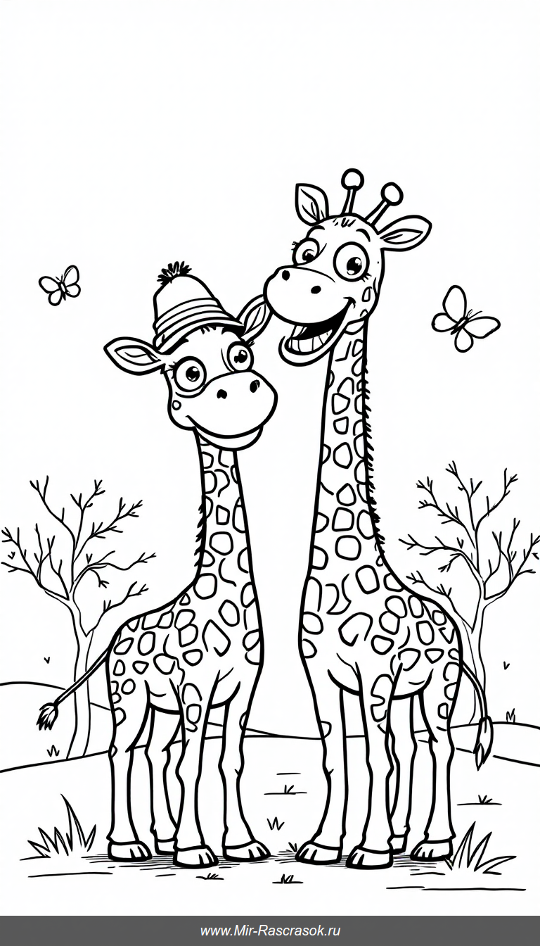 Откройте для детей мир весёлых жирафов с нашей раскраской 🦒✨ Простые и дружелюбные рисунки развивают творчество и делают процесс раскрашивания увлекательным 🎨 Идеально подходит для малышей, которые любят животных и весёлые сюжеты 🌟