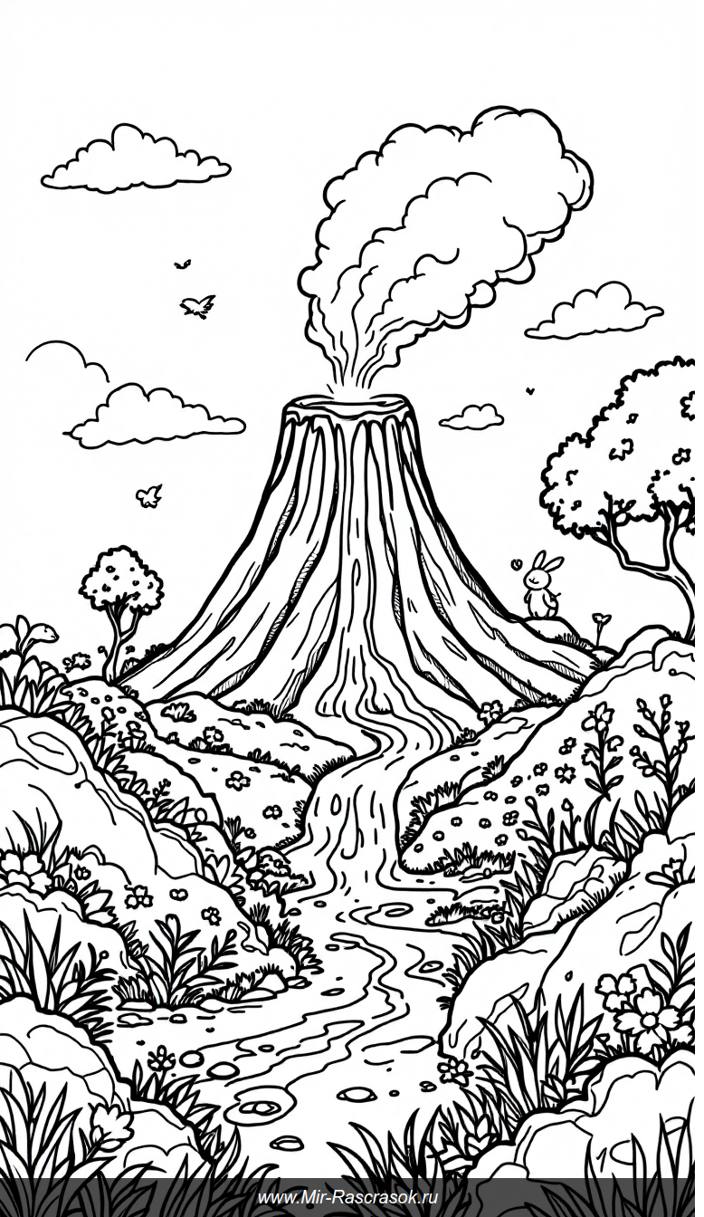 Раскраска с дружелюбным вулканом и веселыми животными на зеленых холмах