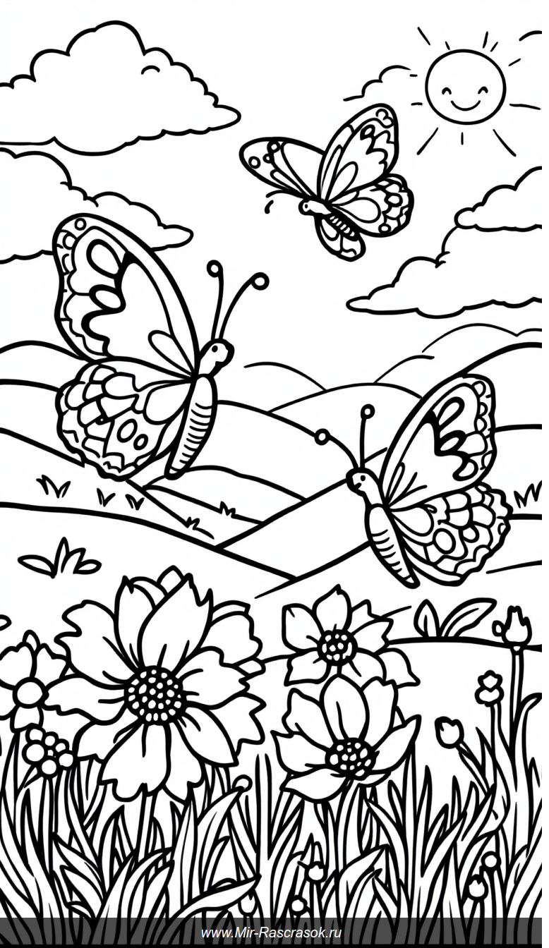 Раскраска для малышей солнечный луг с большими бабочками и цветами