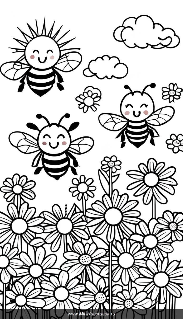 Весёлые пчёлки в цветущем саду раскраска для счастливого настроения