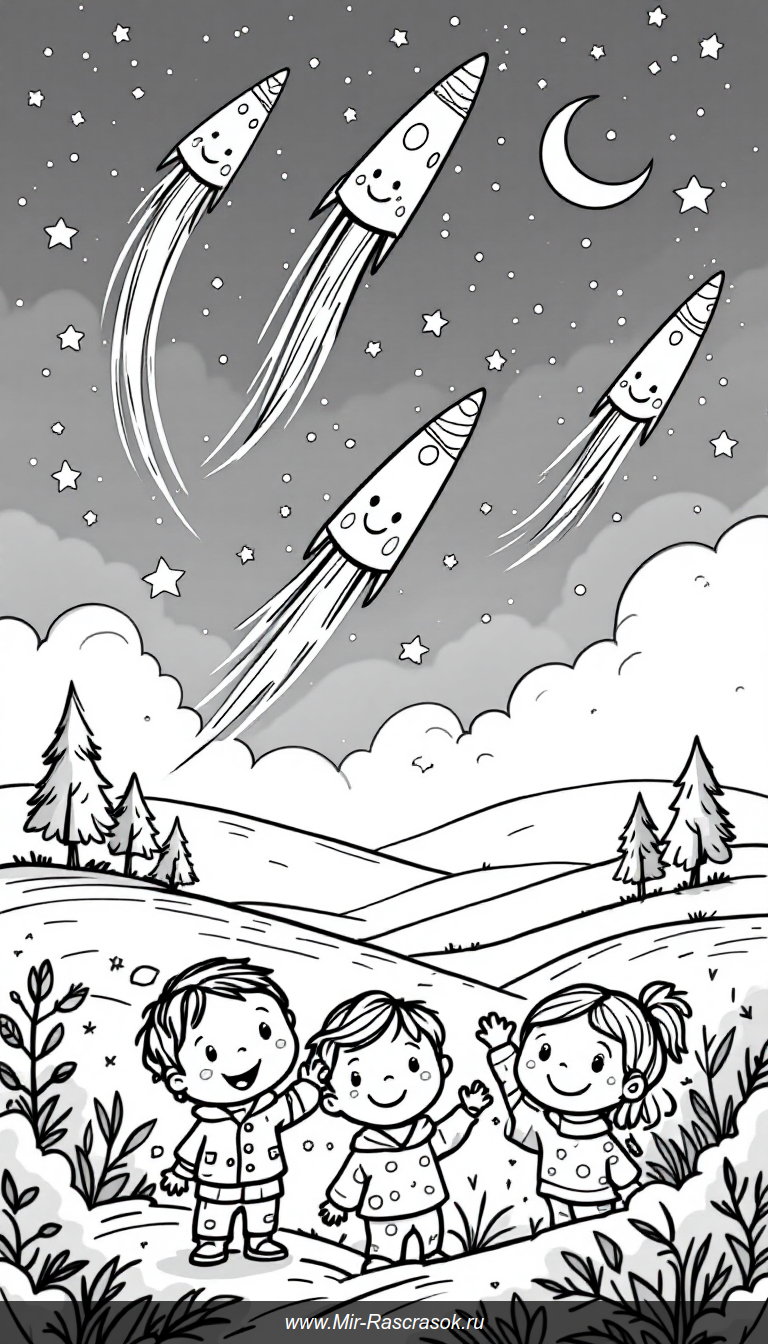 Нежное вечернее небо с улыбающимися кометами и радостными детьми