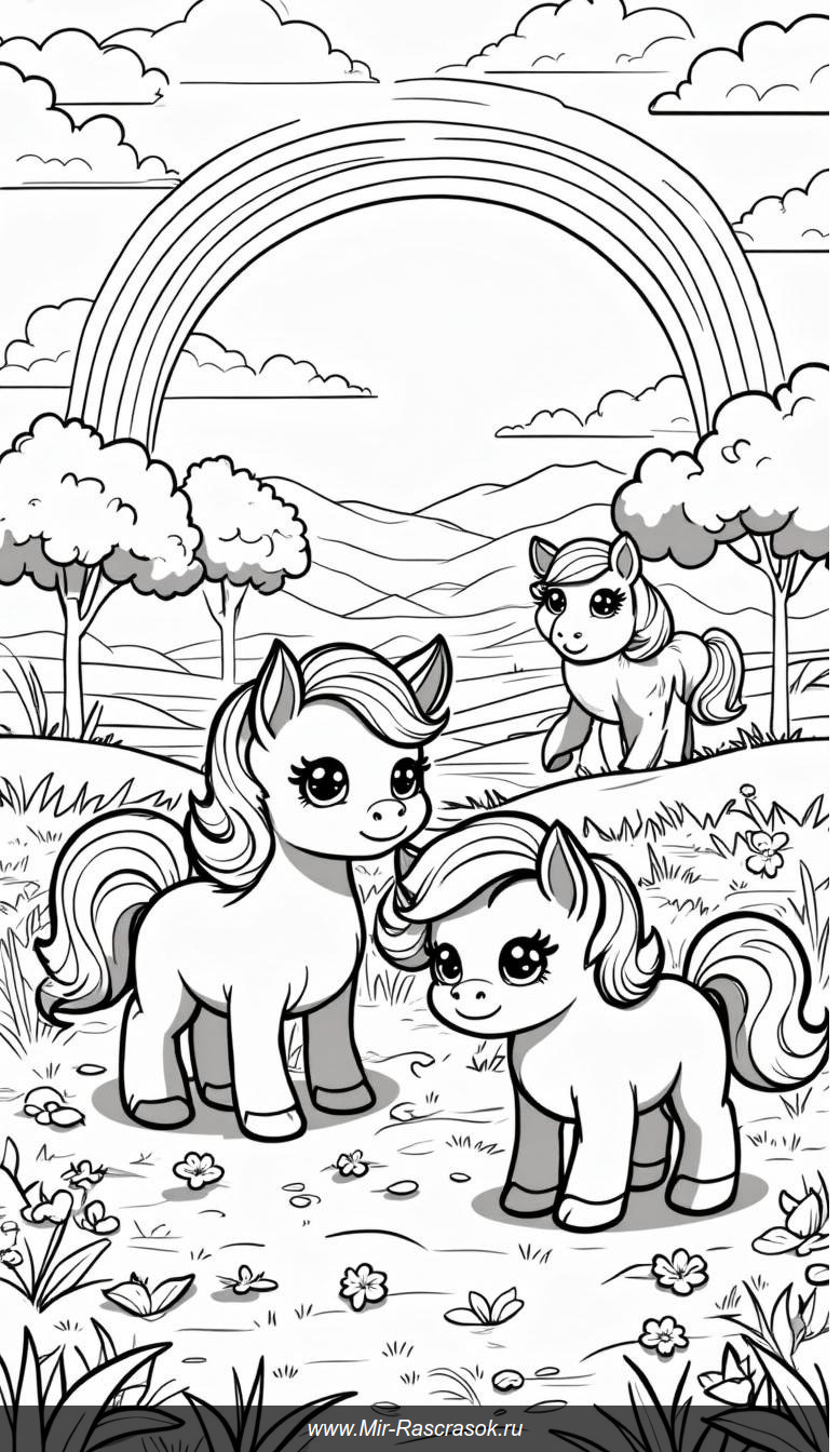 Радужные пони в солнечном луга: раскраска для вдохновения