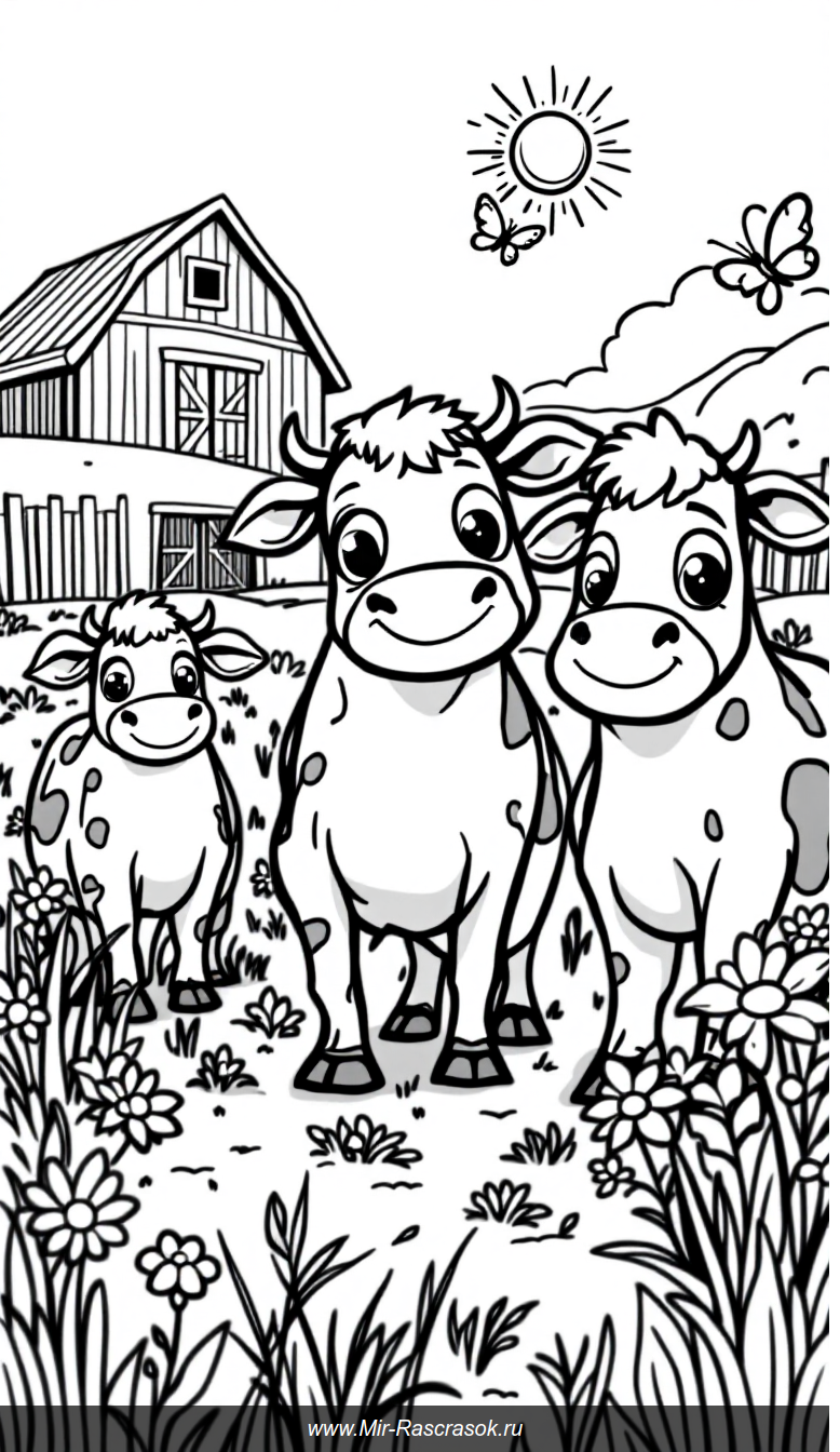 Веселые коровки на солнечной лужайке для детской раскраски