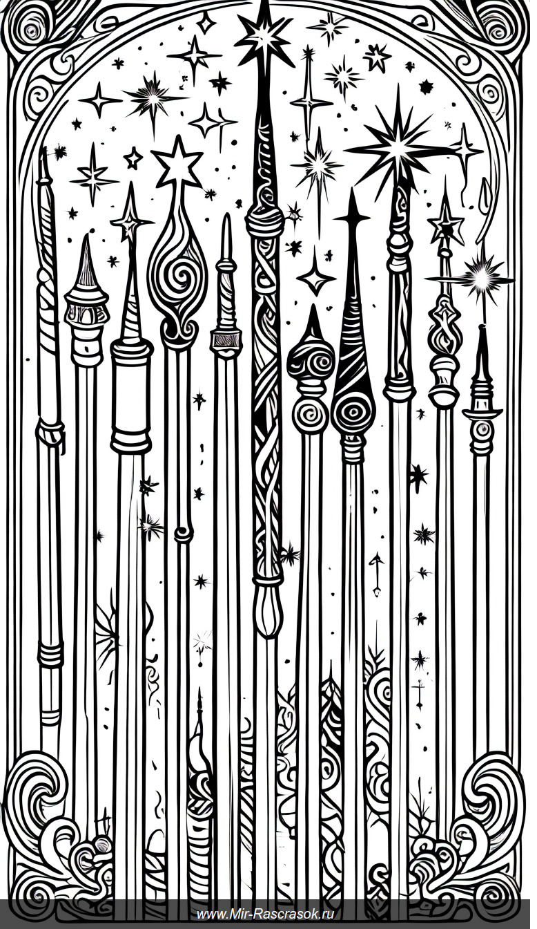 Раскраска с волшебными палочками и мистическими узорами для творческого вдохновения