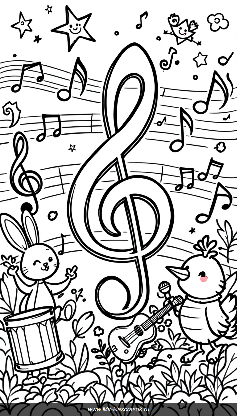 Весёлая раскраска с танцующими нотами и музыкальными животными
