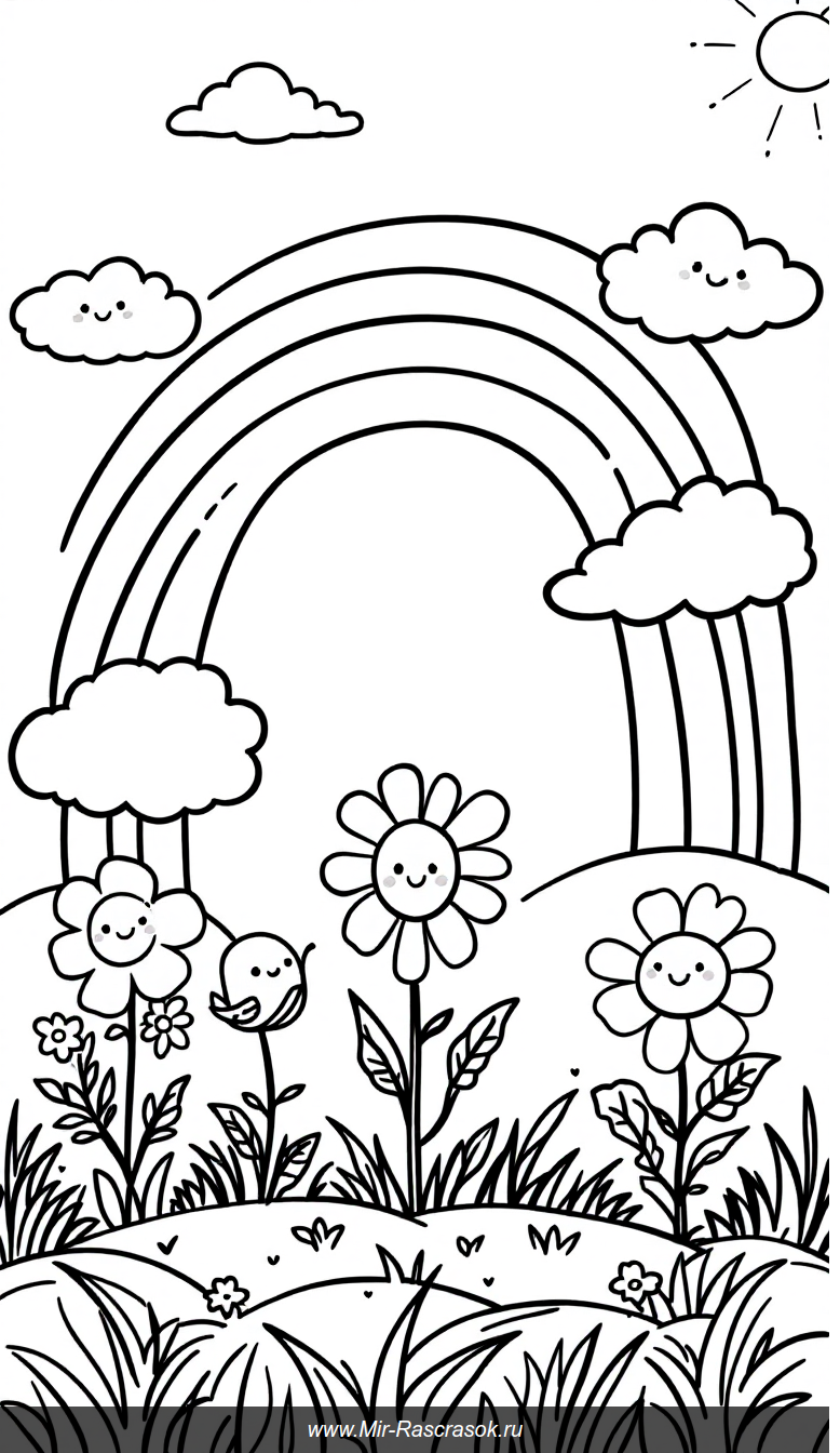 Веселая раскраска с радужным небом и счастливым лугом для детей