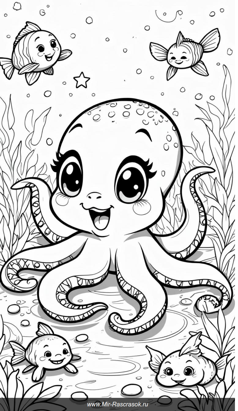 Дружба под водой: раскраска с весёлым осьминогом