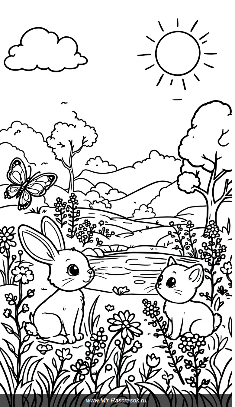 Веселая поляна с зайчиком и котенком для детской раскраски