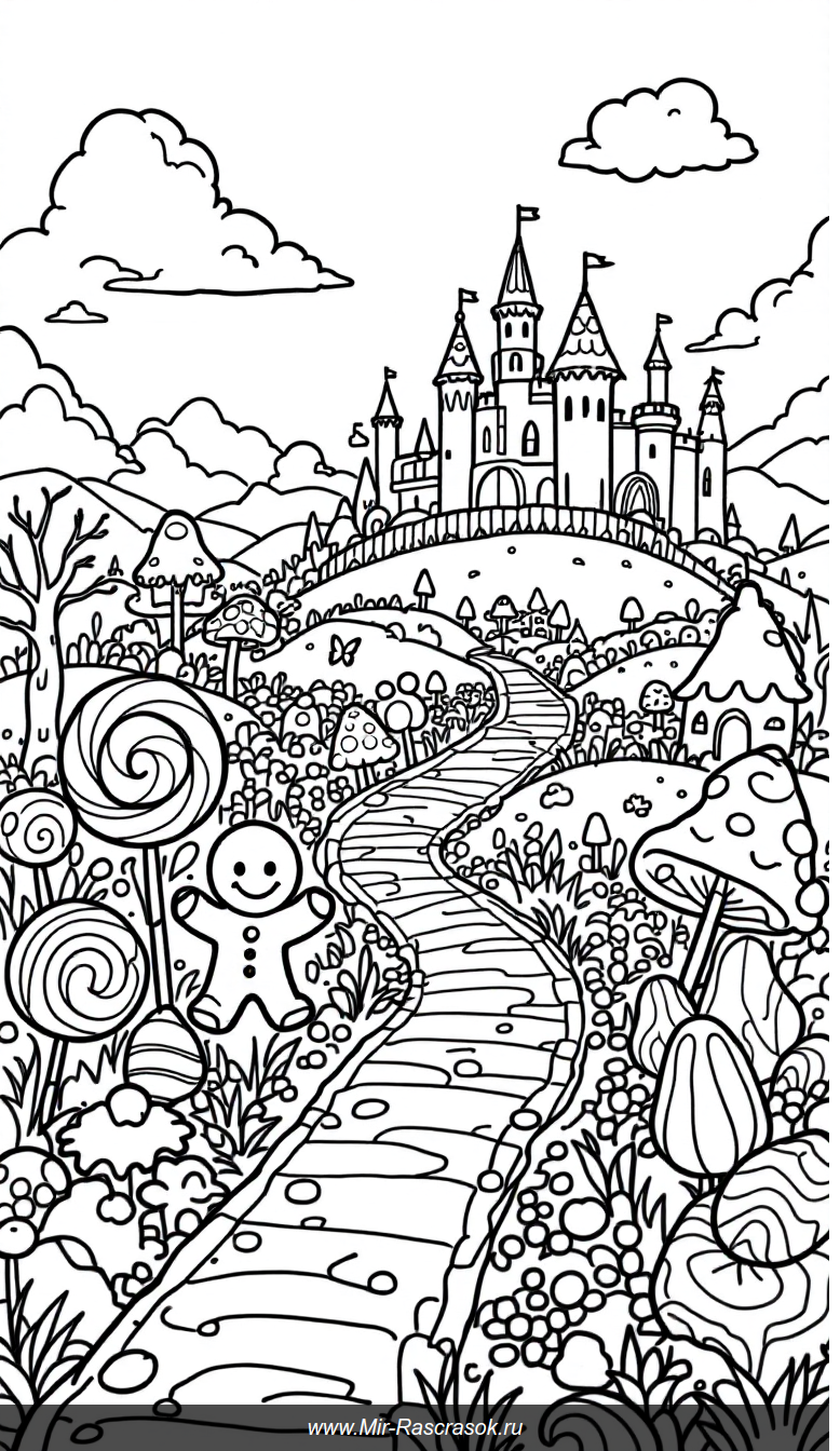 Веселый мир Конфетной страны для детской раскраски