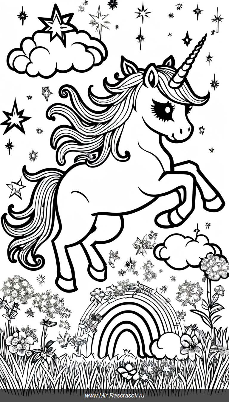 Волшебный мир единорогов в раскраске