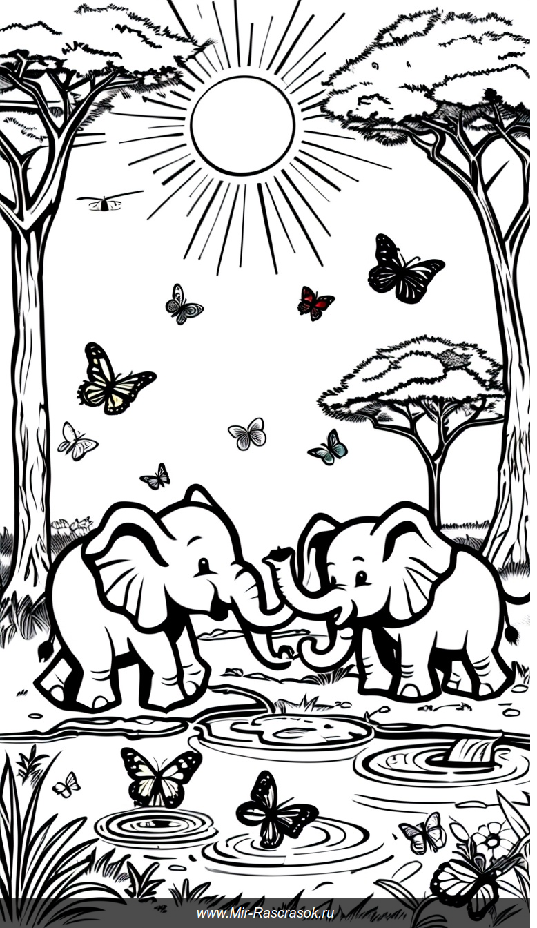Раскраска с озорными слонятами у водоема среди природы