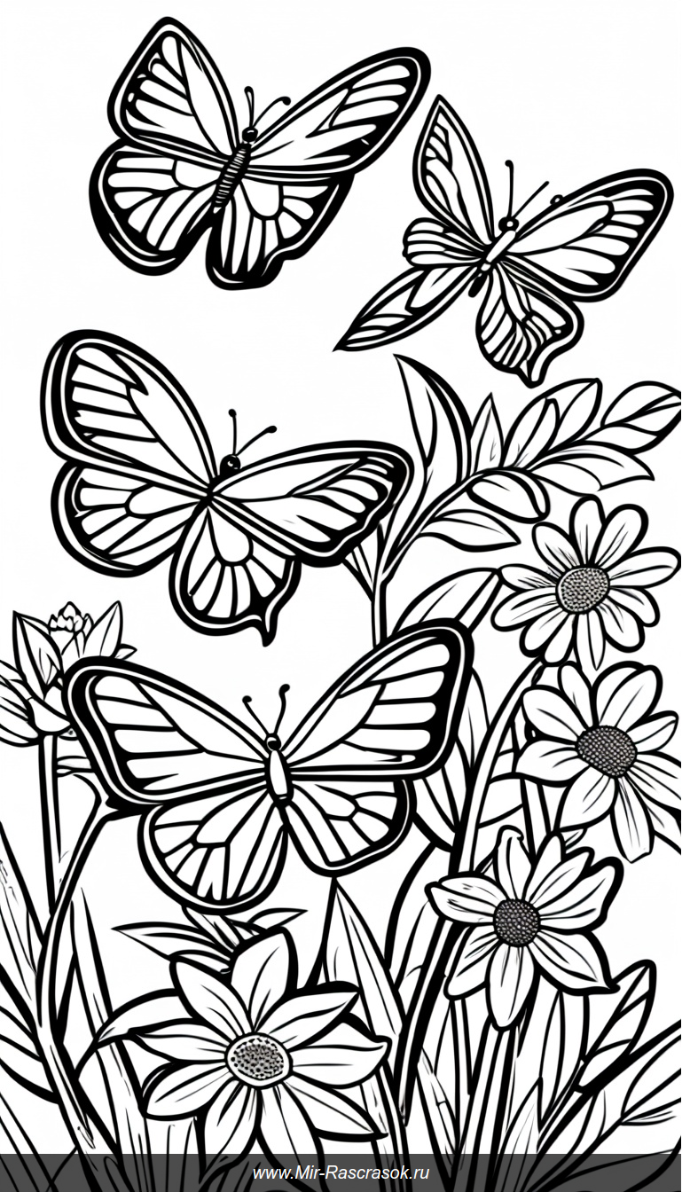 Цветная раскраска с бабочками и цветами в саду