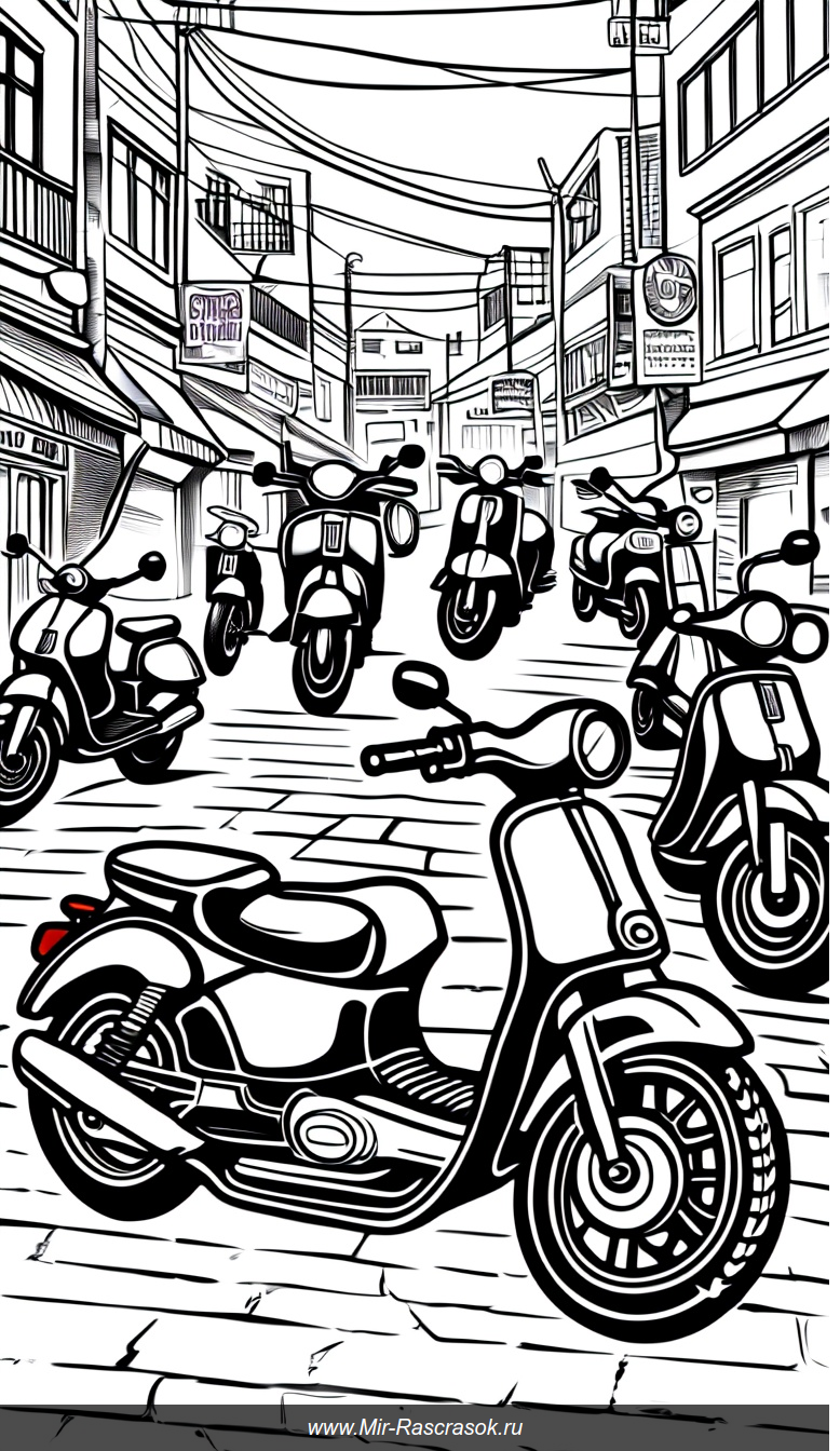 Раскраска городская улица с мотоциклами и скутерами в деталях
