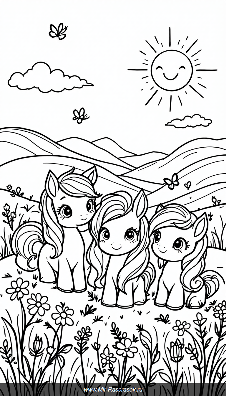 Веселая поляна с пони для яркой детской раскраски