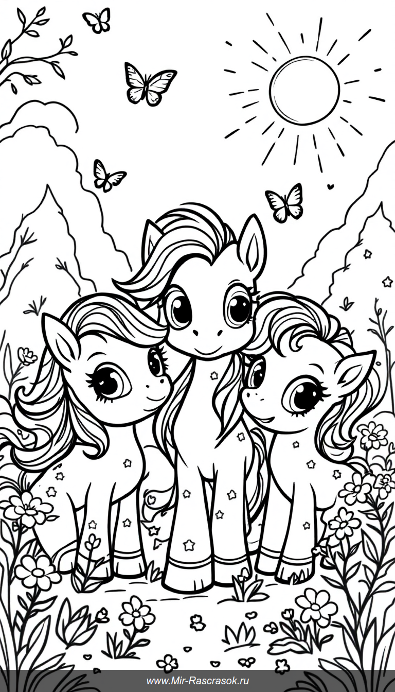Погрузитесь в мир милых пони на нашей раскраске где три дружелюбных пони играют в цветущем лугу с бабочками и солнцем 🌞🐴🌸 Идеально для детей которые любят яркие и простые рисунки для творчества и развития мелкой моторики 🎨✨