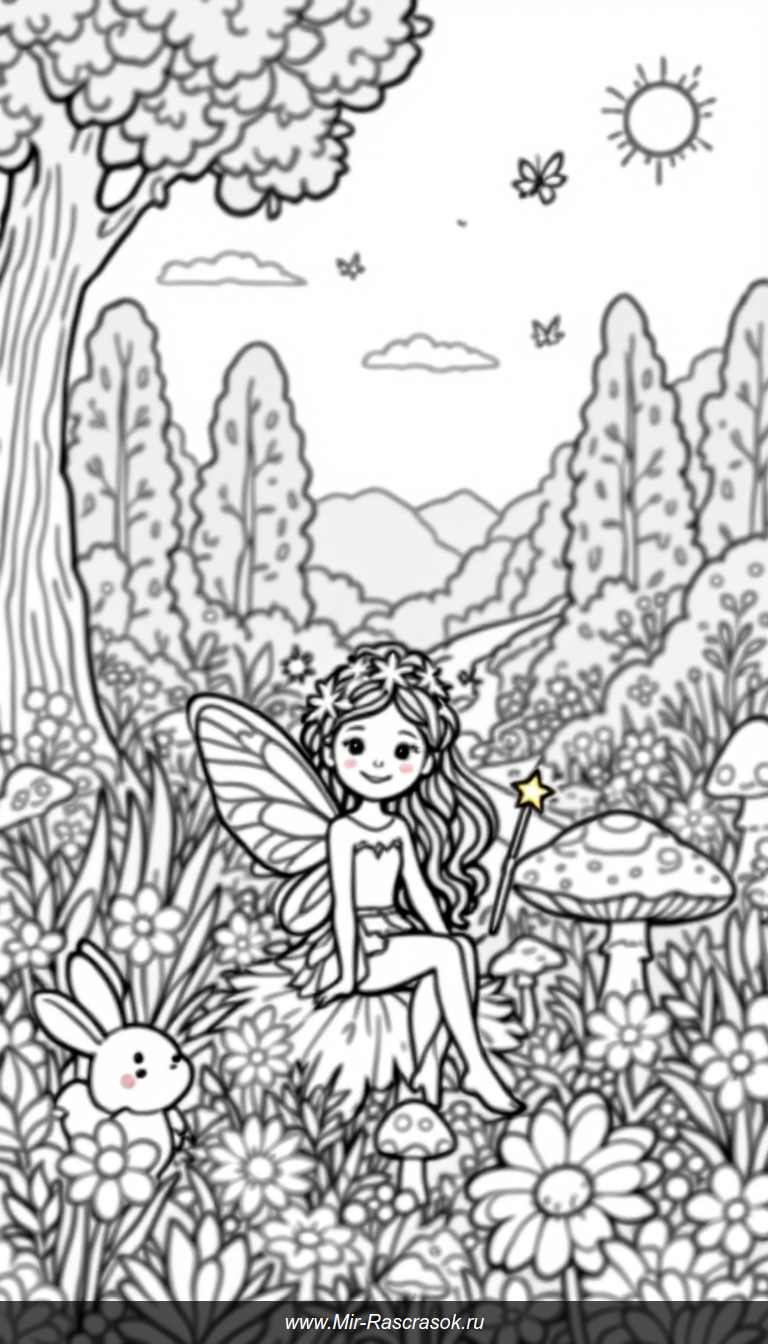 Волшебный сад с феей для детской раскраски