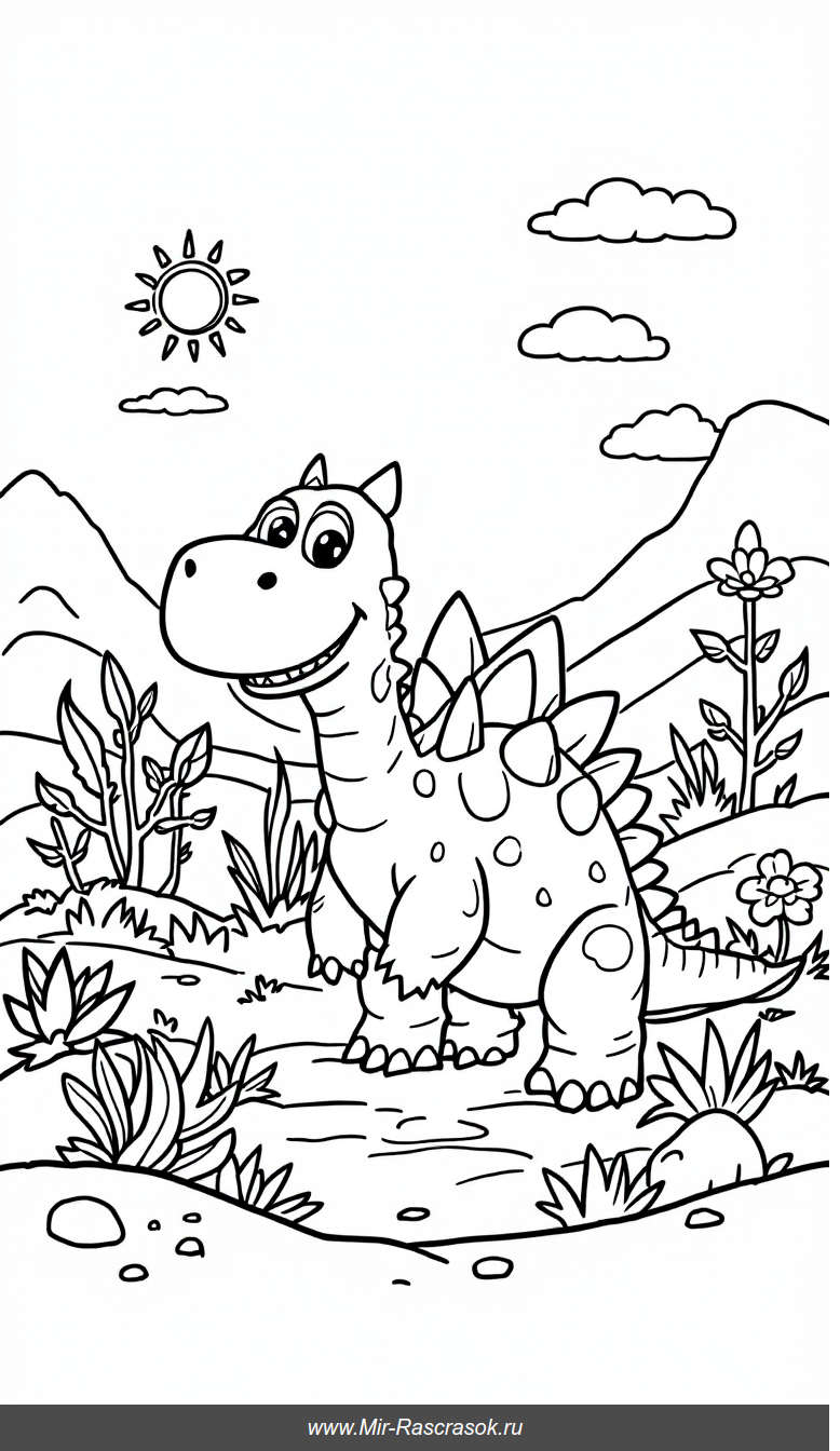 Веселый стегозавр в доисторической поляне для детской раскраски