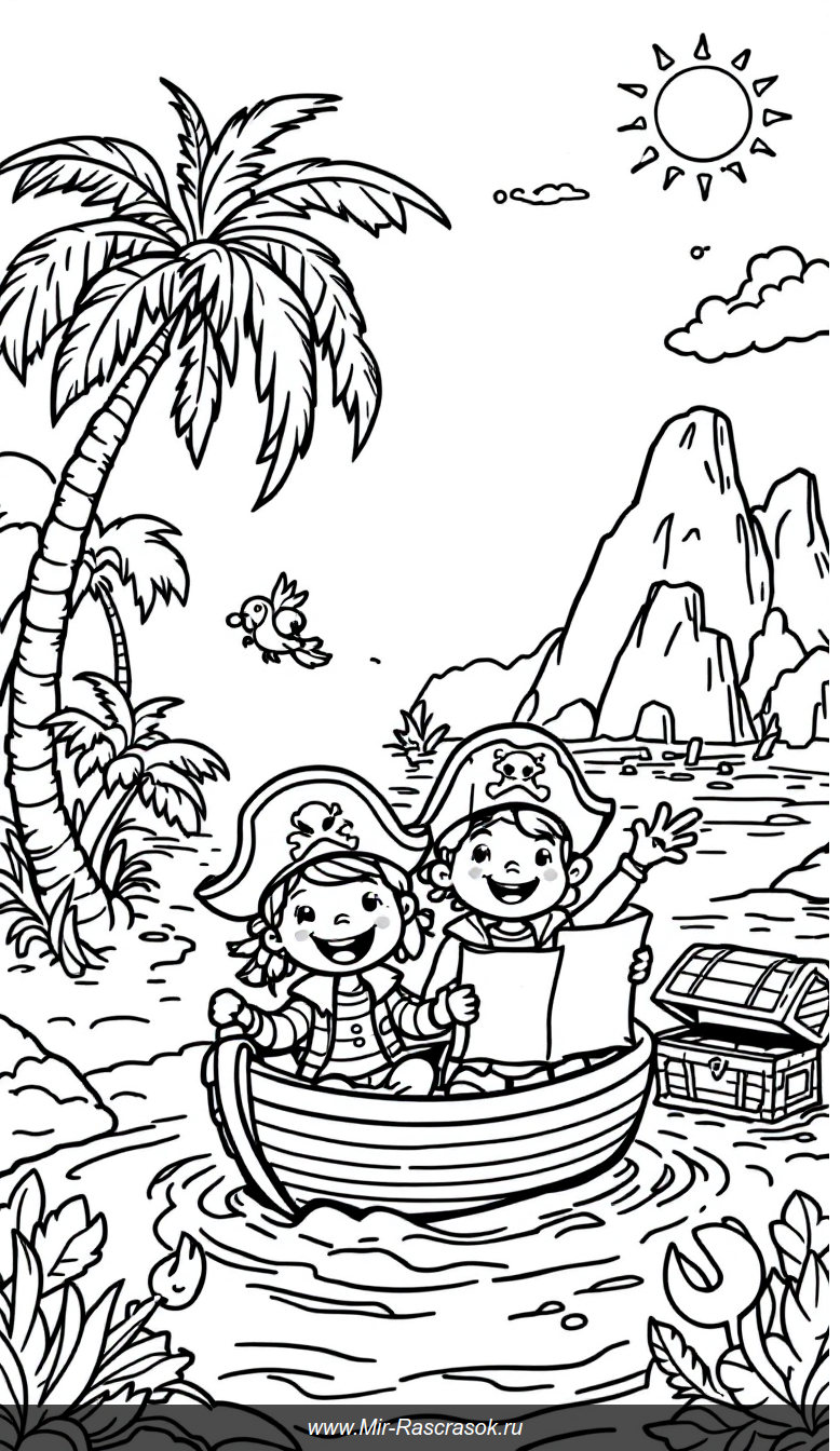 Веселые пираты на острове раскраска для малышей с сокровищами
