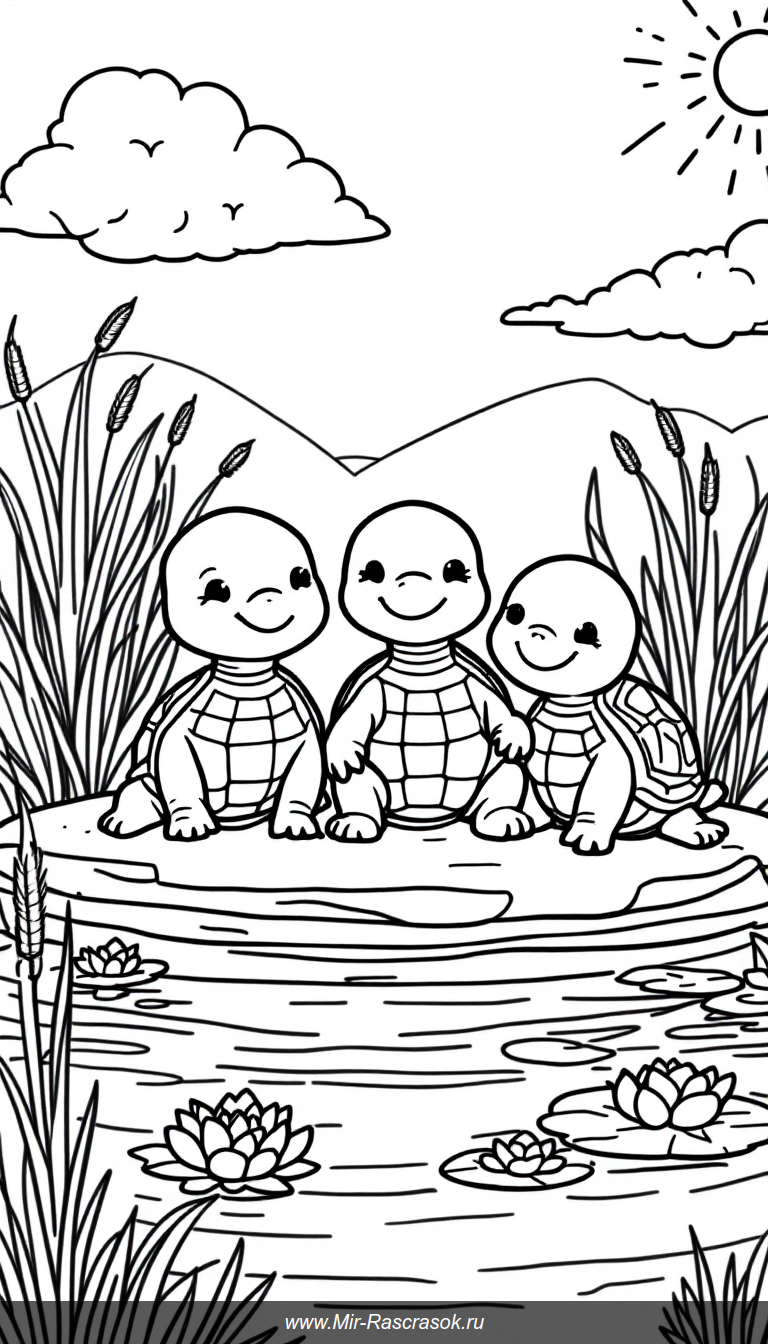 Веселые черепашки на раскраске для детей