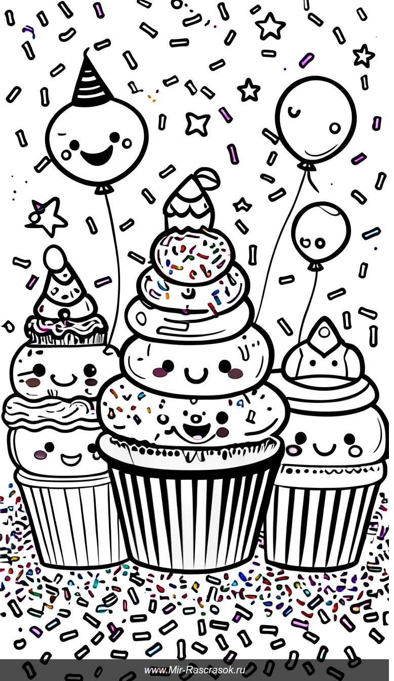 Веселый парад кексов для раскрашивания с шляпами и шариками
