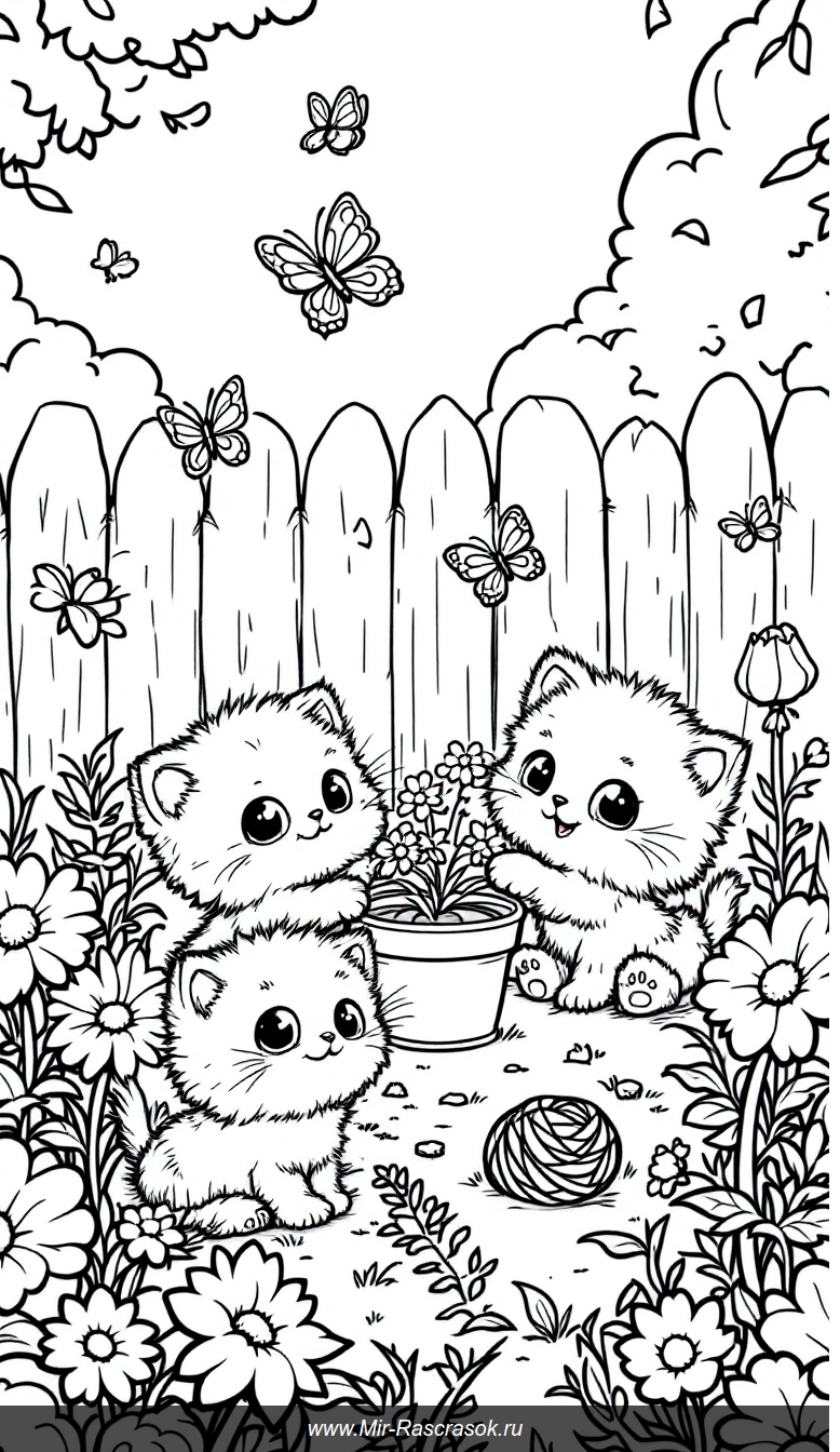 Веселые котята в солнечном саду раскраска для детей