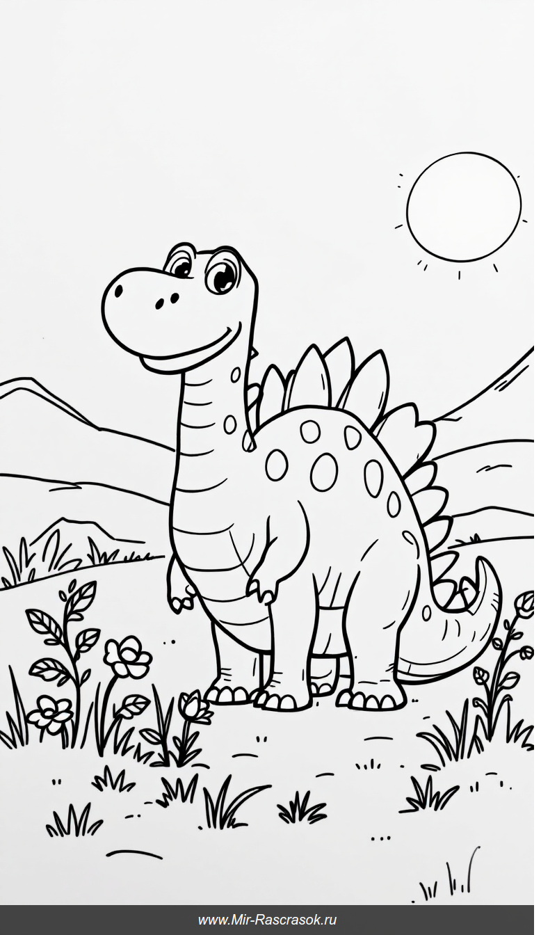 Дружелюбный стегозавр в солнечной доисторической поляне для раскрашивания