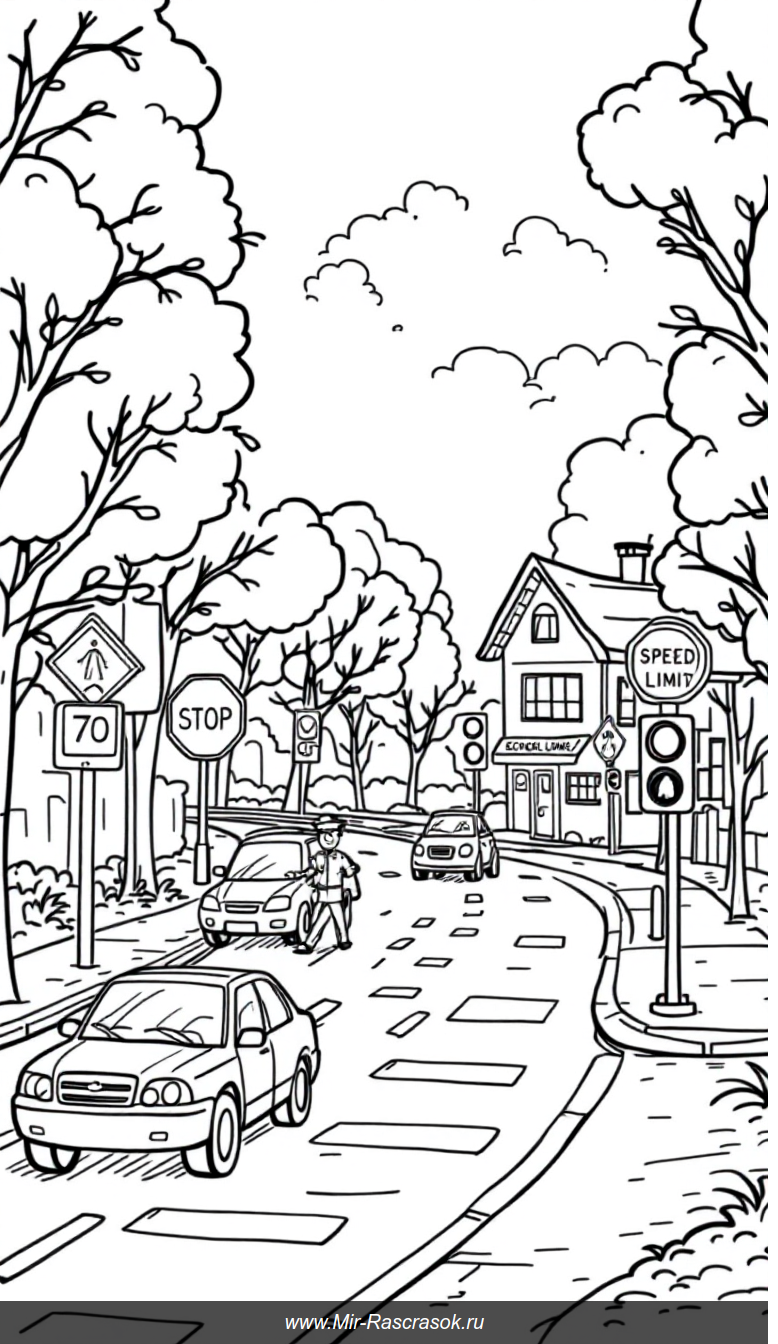 Веселая городская улица для детской раскраски с дорожными знаками