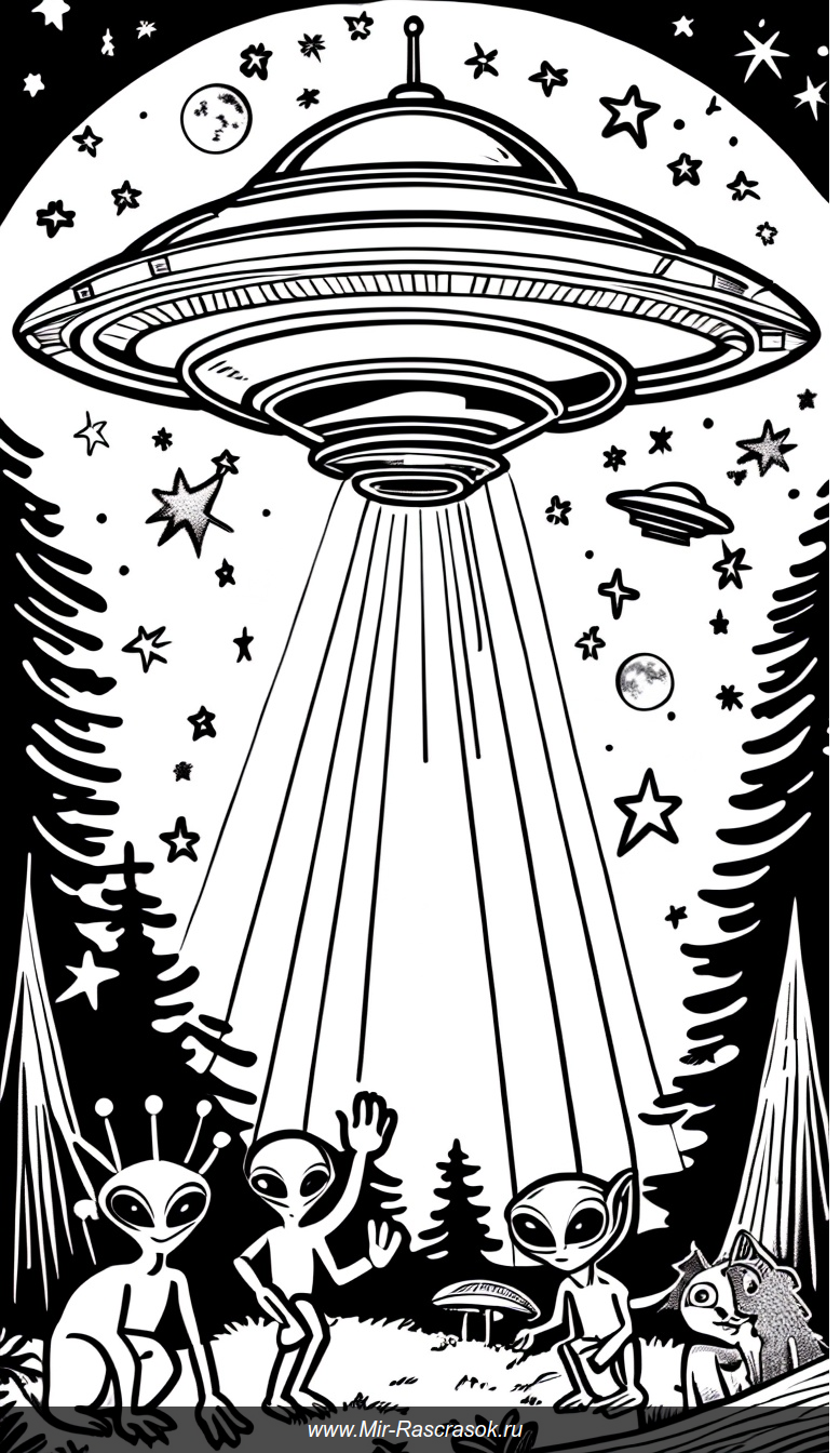 Раскраска с дружелюбным пришельцем на летающей тарелке над лунным лесом