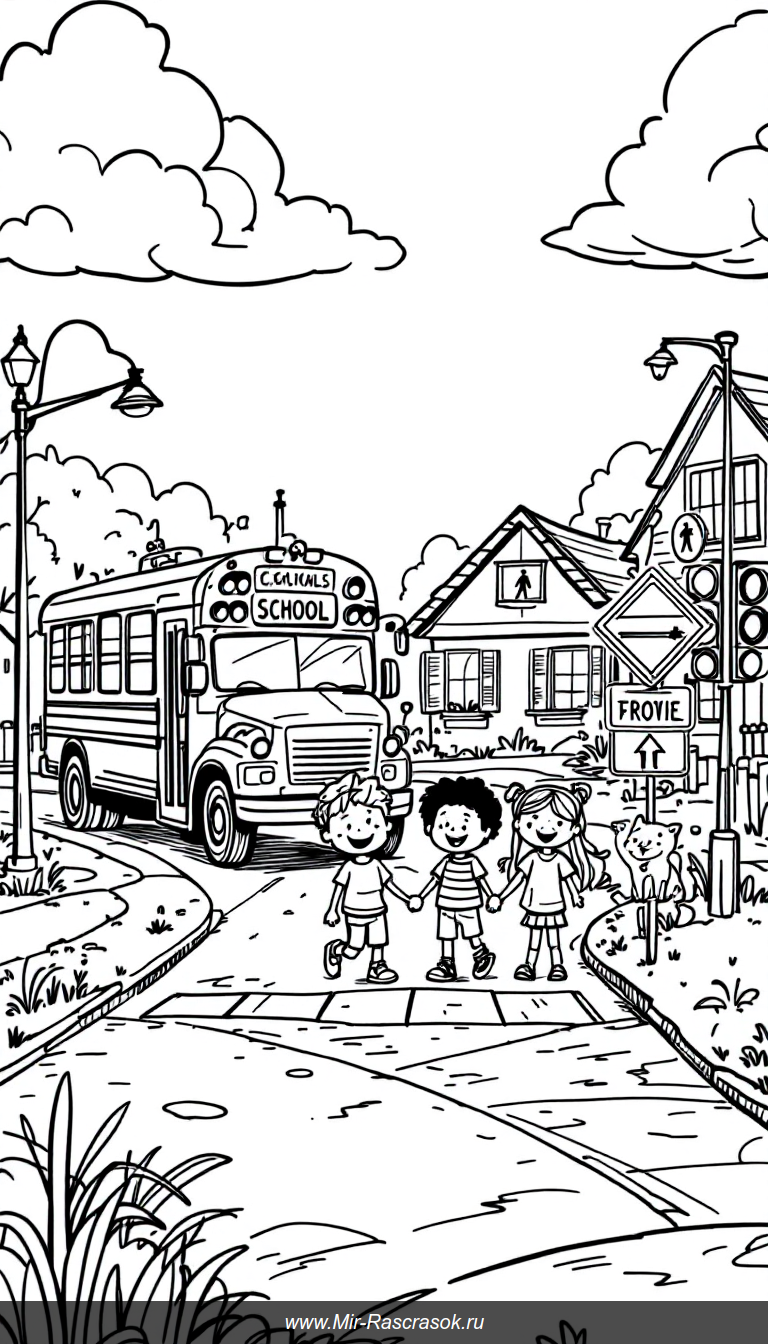 Безопасность на дороге в раскраске для детей весёлый городской пейзаж