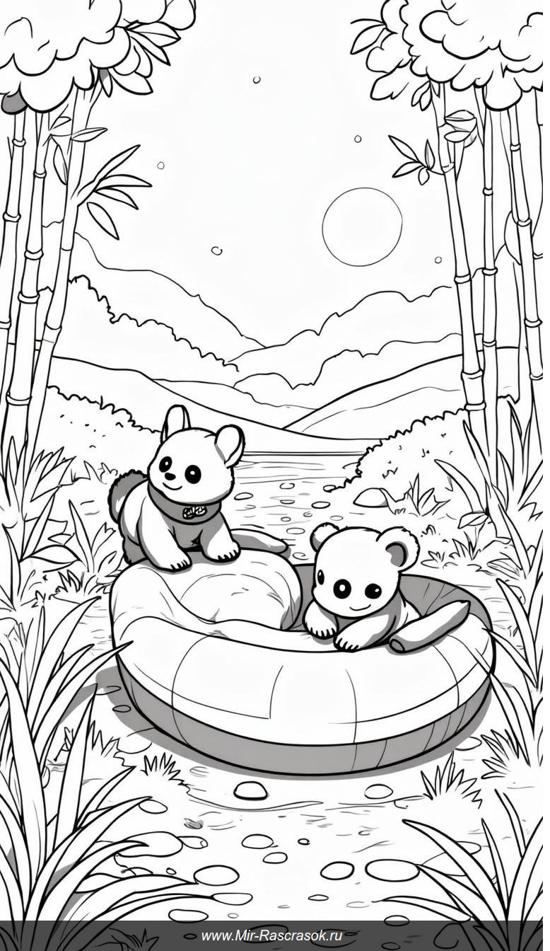 Милые панды с бамбуком на солнечной лужайке