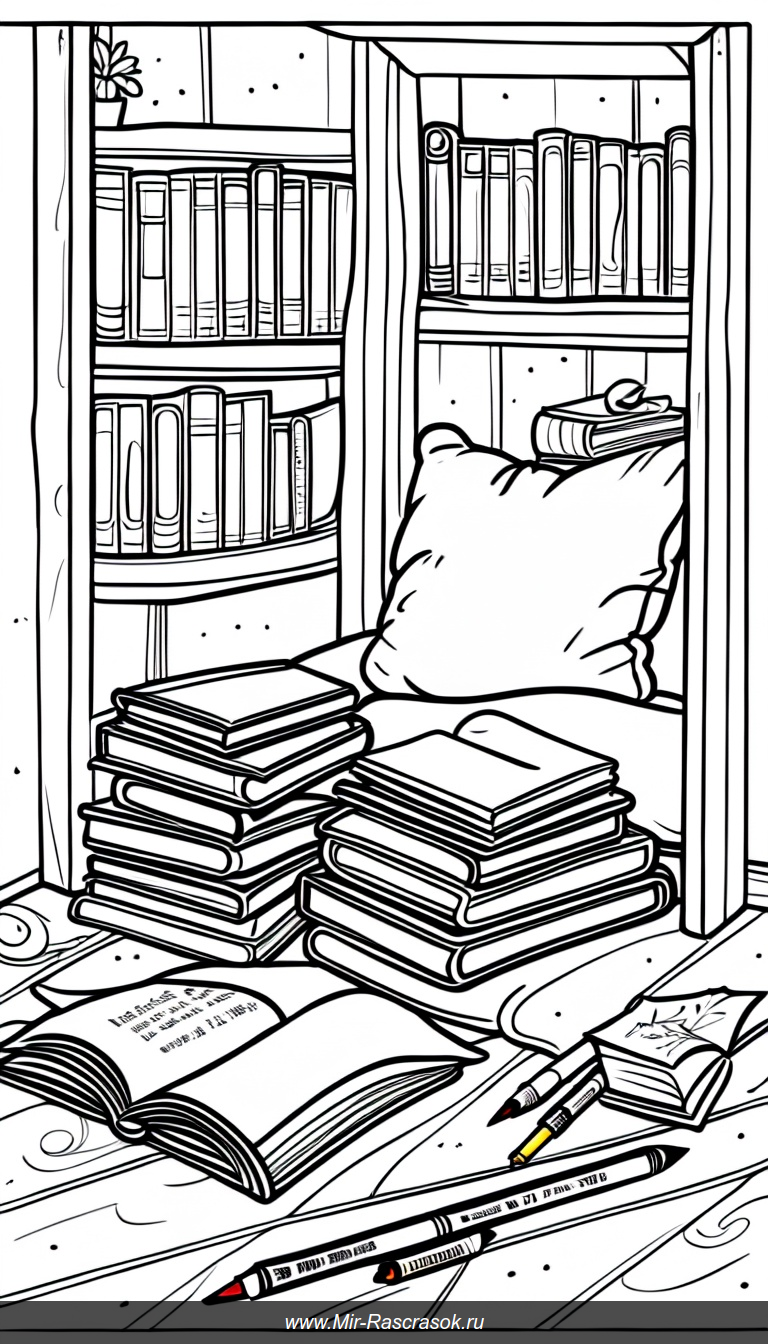 Уютный уголок для чтения и творчества в раскраске для души