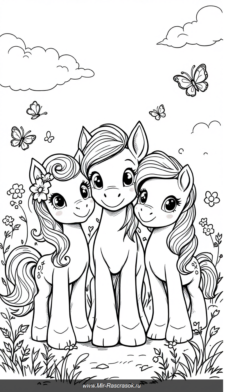Радостные пони на лугу в раскраске для детей с яркими контурами