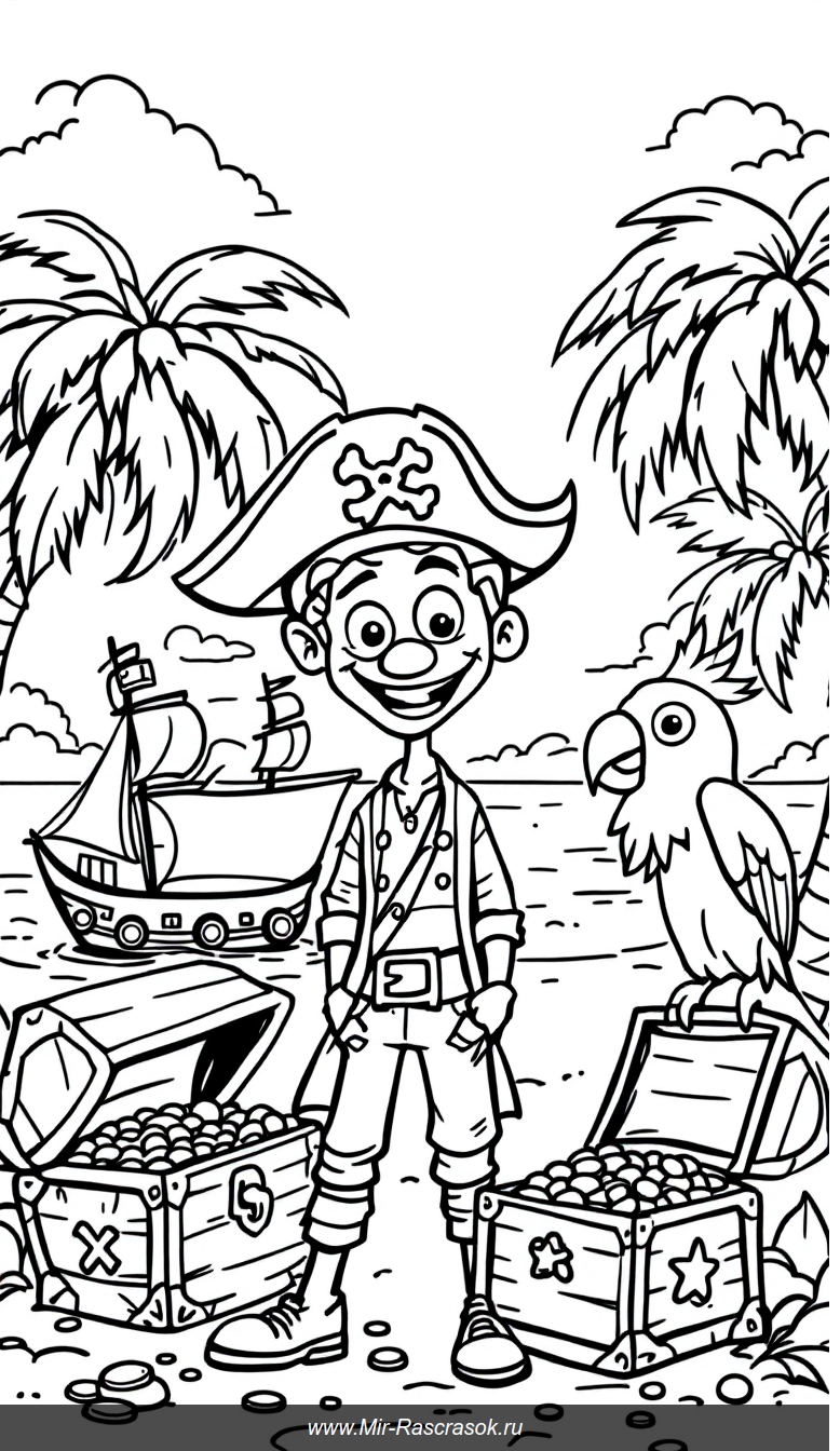 Веселый пират и сокровища на пляже раскраска для детей