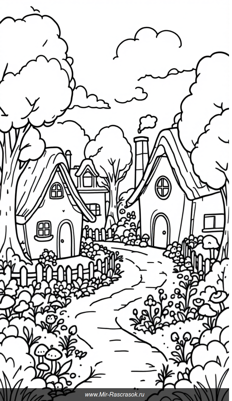 Уютная деревня для раскрашивания детям с простыми и большими деталями