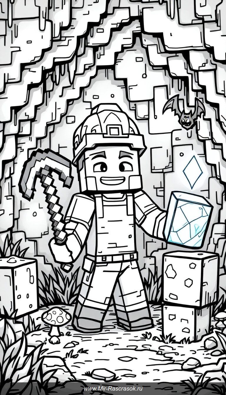 Отправляйся в увлекательное путешествие по шахте в Minecraft и ищи блестящие алмазы 💎! Наш раскраска показывает простую и радостную сцену с горняком и сверкающей породой, идеально подходящую для детей 🎮. Развивай внимание и творчество вместе с любимой игрой и яркими цветами 🌈!