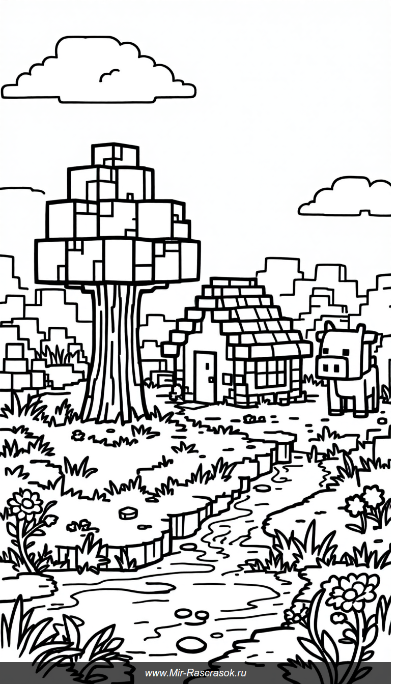 Раскраска Майнкрафт Простая и веселая сцена мира для детей
