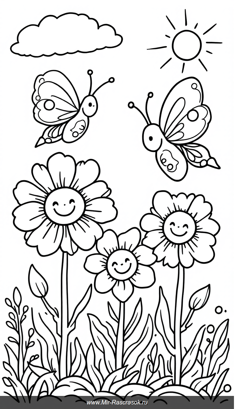 Раскраска для детей с бабочками и улыбающимися цветами в саду