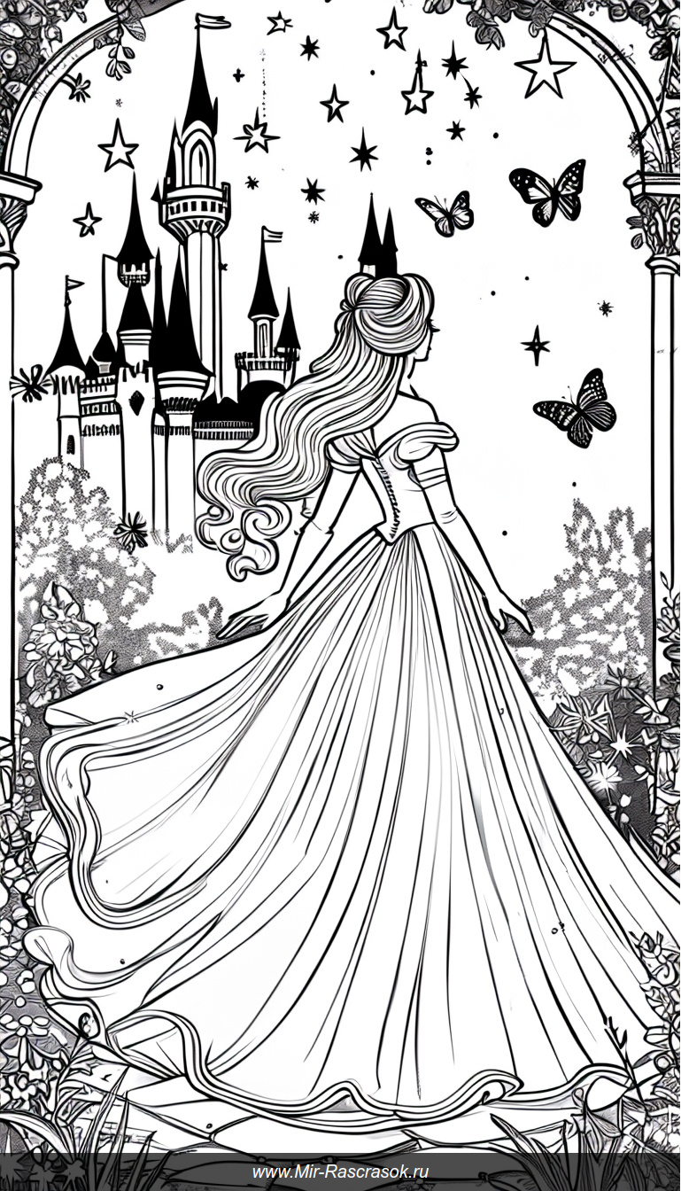 Волшебная раскраска с принцессой в сказочном саду и замками