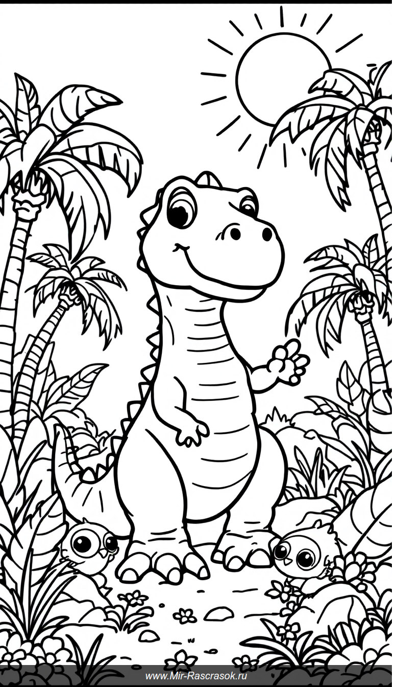 Дружелюбный Тираннозавр в солнечном доисторическом парке для раскрашивания