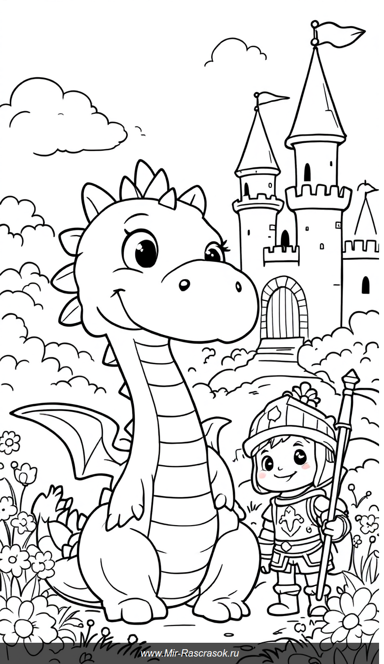 Дружелюбный дракон и храбрый рыцарь у замка в раскраске для детей