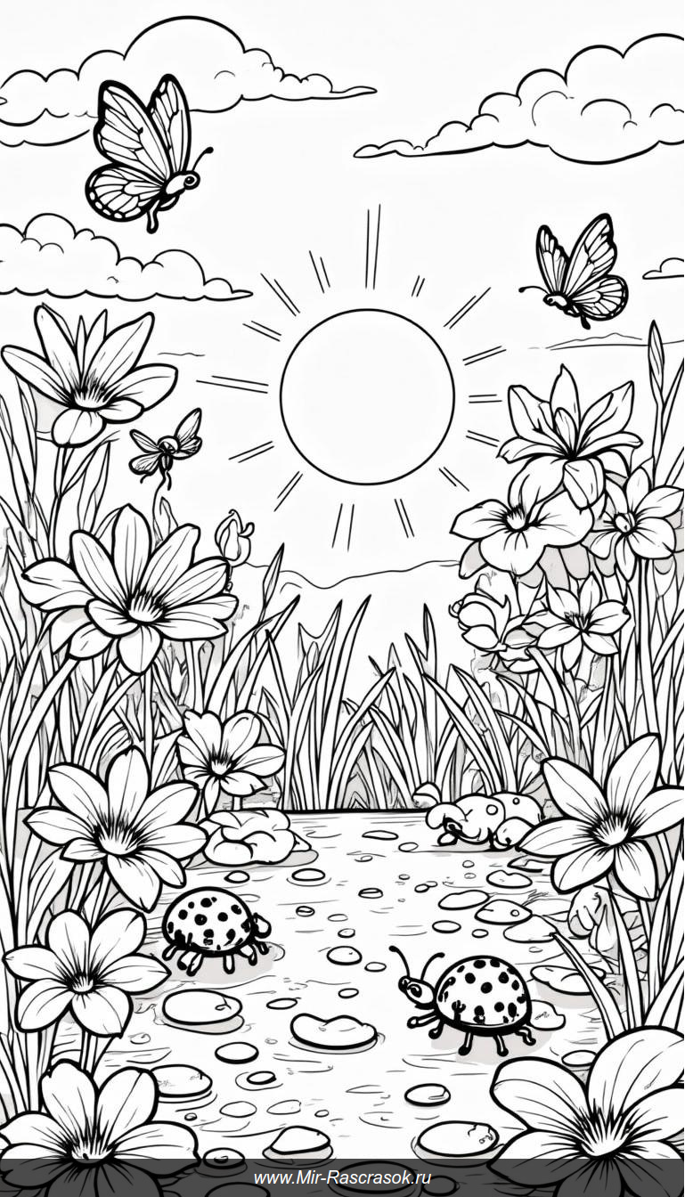 Раскраска в сказочном саду с веселыми насекомыми и цветами