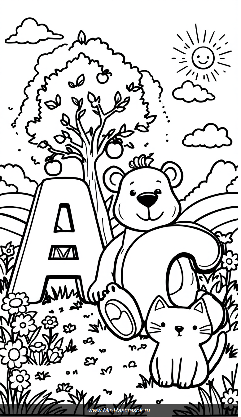 Веселые буквы для малышей Яблоко медведь и кот в раскраске