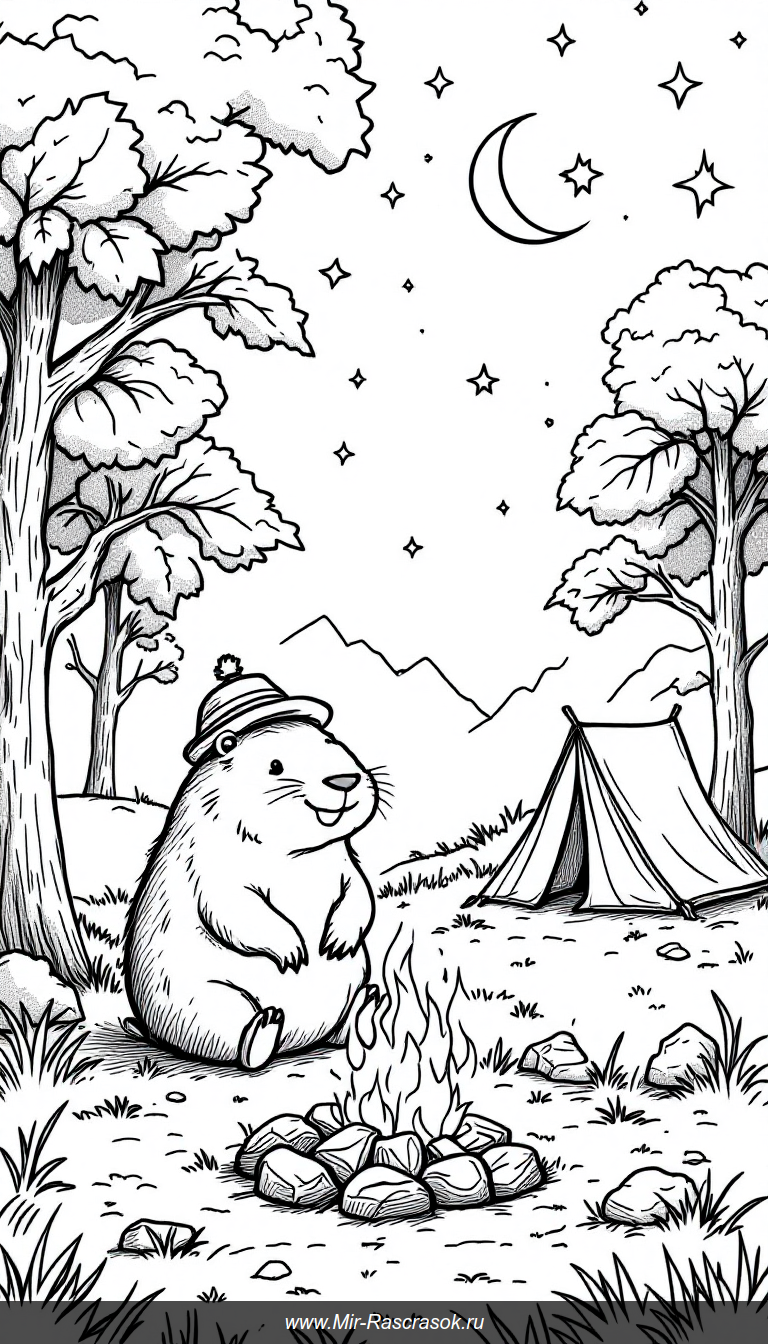 Веселый день с капибарой у костра Раскраска для детей о дружбе и природе