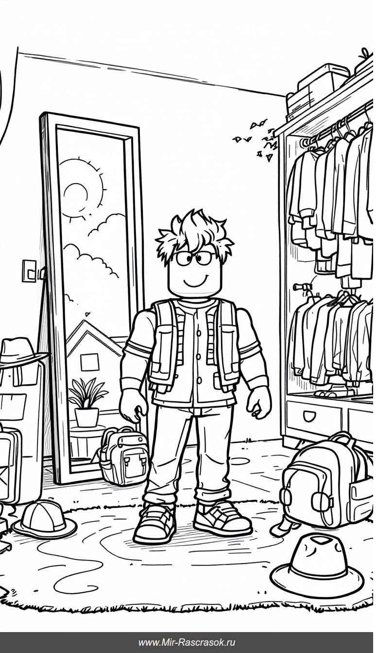 Раскраска с весёлым аватаром Roblox и аксессуарами для детей