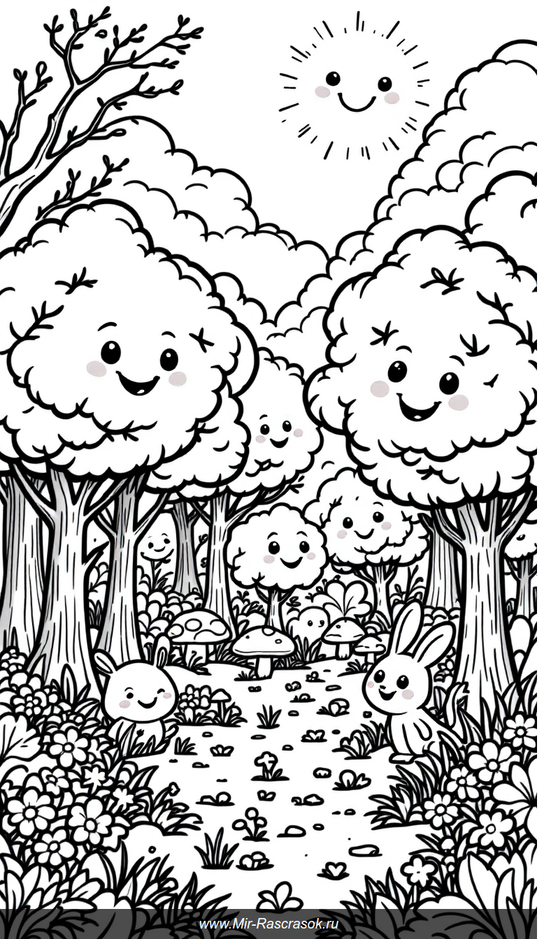 Весёлая раскраска солнечной лесной поляны с улыбающимися деревьями и животными